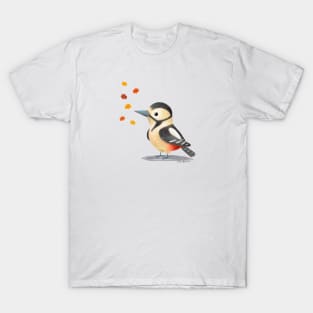 Great Spotted Woodpecker with fall leaves T-Shirt